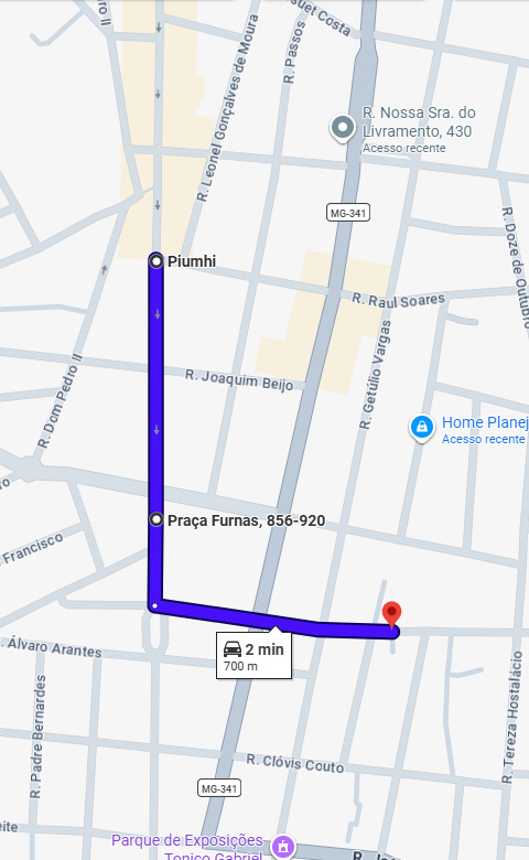 Rota real no app Te Levo 37, em Piumhi